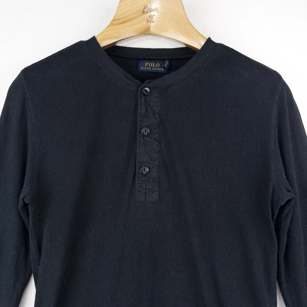 Polo Ralph Lauren Black Ribbed Lightweight Henley Shirt Men's L *Distressed